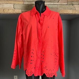 Cynthia Rowley Pineapple Coastal Embroidered Top Preppy Eyelet Orange Red XL